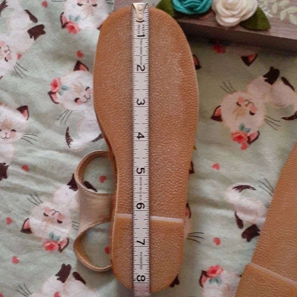 70s Vintage Kids Tan Wedge Sandals with Cute Cat Embroidery Espadrille‎ rainbow